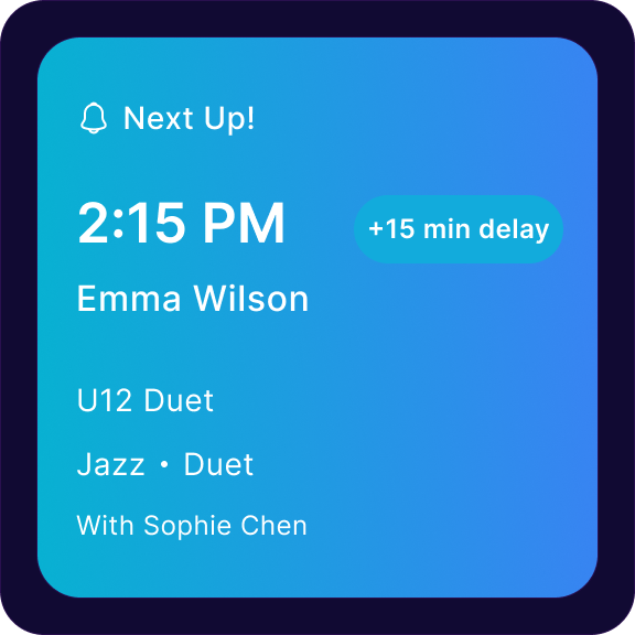 Dance competition parent app showing next up notification alert with live schedule updates and performance countdown timer